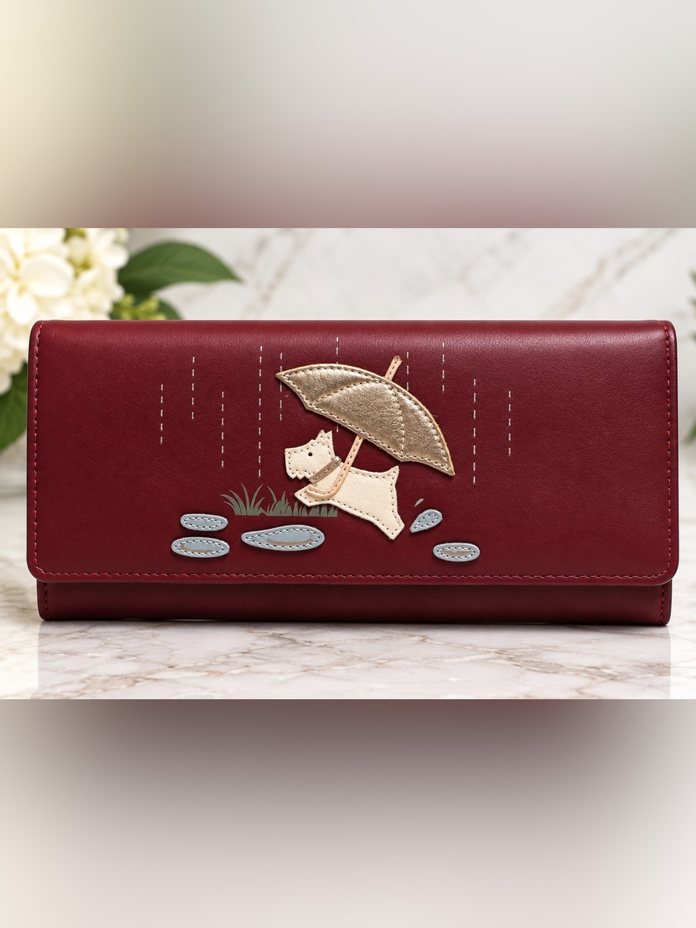 RADLEY LONDON Burgundy Wallet with Gold Umbrella and Cream Dog Scotty